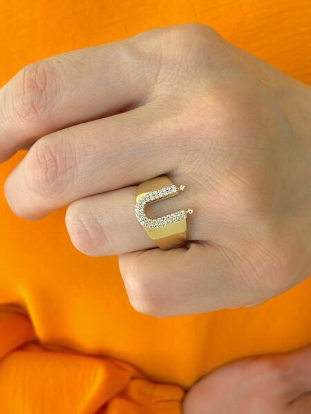 14 Ayar Altın Ü Harfli Üst Kalite Trend Harf Yüzük