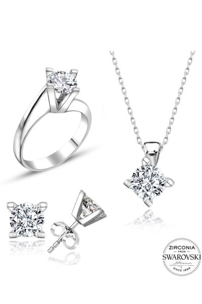 Sertifikalı Swarovski Taş Sarmaşık Tek Taş 925 Gümüş Set Takım