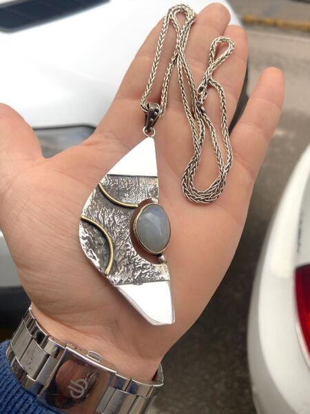 Doğal Ay Taşı El Üretim Koleksiyonluk 925 Gümüş Otantik Kolye