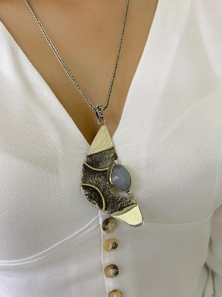 Doğal Ay Taşı El Üretim Koleksiyonluk 925 Gümüş Otantik Kolye