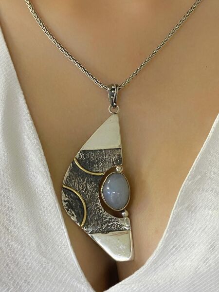 Doğal Ay Taşı El Üretim Koleksiyonluk 925 Gümüş Otantik Kolye