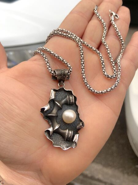 El Üretim İstiridye ve İnci Tasarım 925 Gümüş Koleksiyonluk Kolye