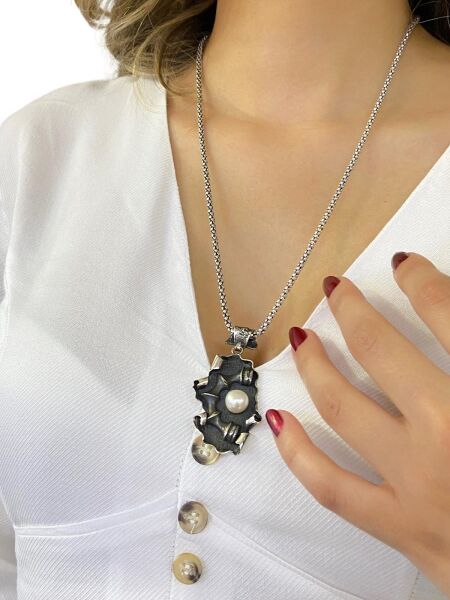 El Üretim İstiridye ve İnci Tasarım 925 Gümüş Koleksiyonluk Kolye