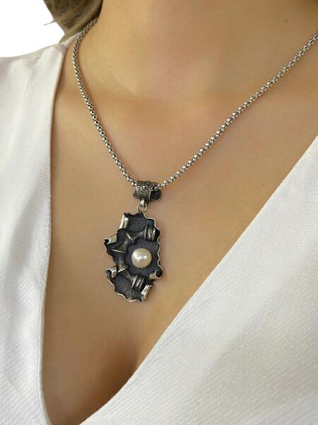 El Üretim İstiridye ve İnci Tasarım 925 Gümüş Koleksiyonluk Kolye