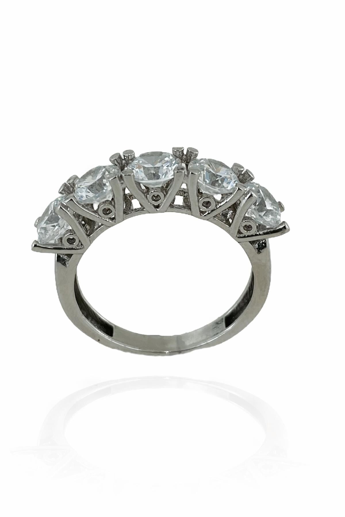 8 Ayar Beyaz Altın Yüksek Taş Beştaş Yüzük