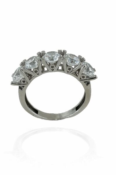 8 Ayar Beyaz Altın Yüksek Taş Beştaş Yüzük