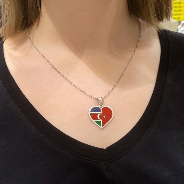 Türkiye Azerbaycan Bayrak Dostluk Temalı Kalp 925 Gümüş Kolye