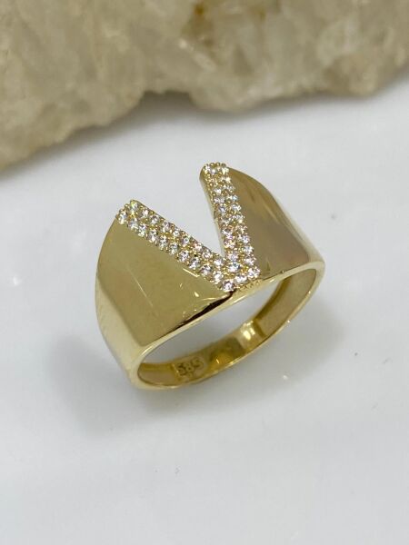 14 Ayar Altın V Harfli Üst Kalite Trend Harf Yüzük