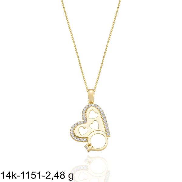 Kalp Tek Taş Özel Tasarım Çok Şık 14 Ayar Altın Kolye