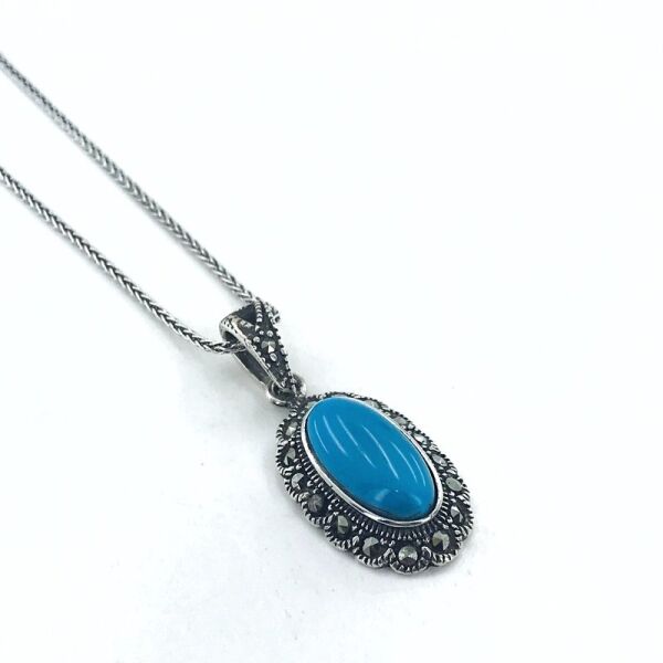 Oval Kesim Firuze Taşlı Markazit Gümüş Kolye