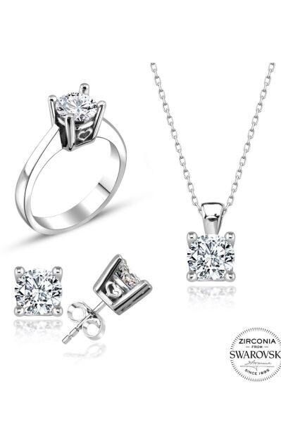 Sertifikalı Swarovski Tek Taş Kalp Montür 925 Gümüş Set Takım