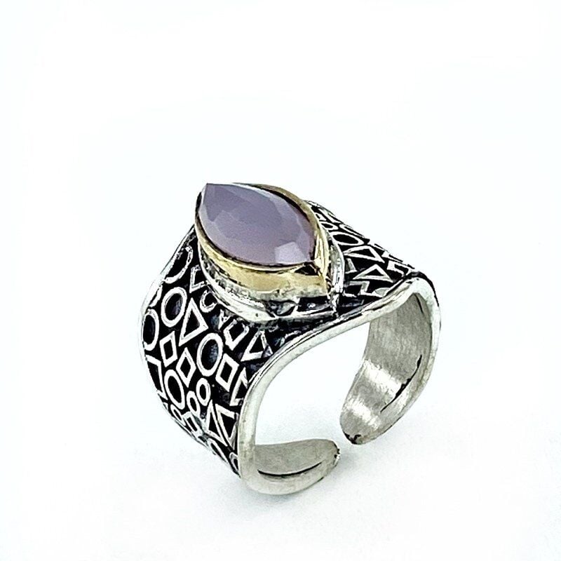 Otantik El Üretim Pembe Kuvars Taş Gümüş Yüzük