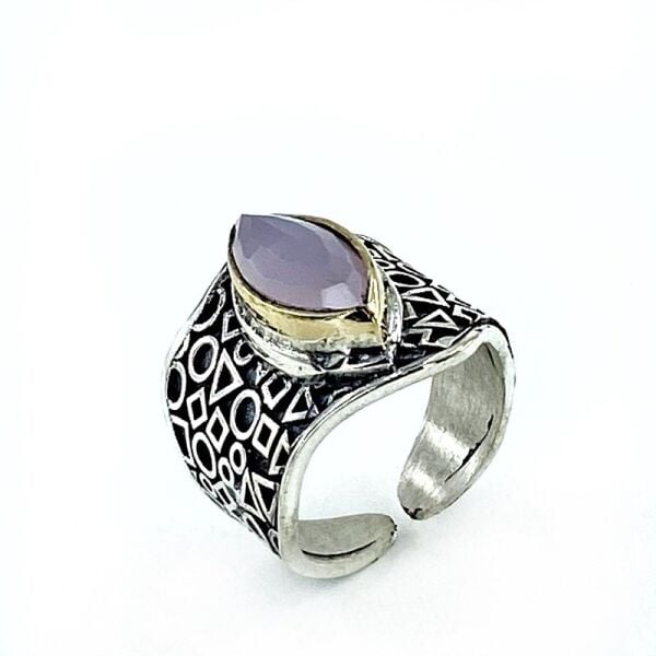 Otantik El Üretim Pembe Kuvars Taş Gümüş Yüzük