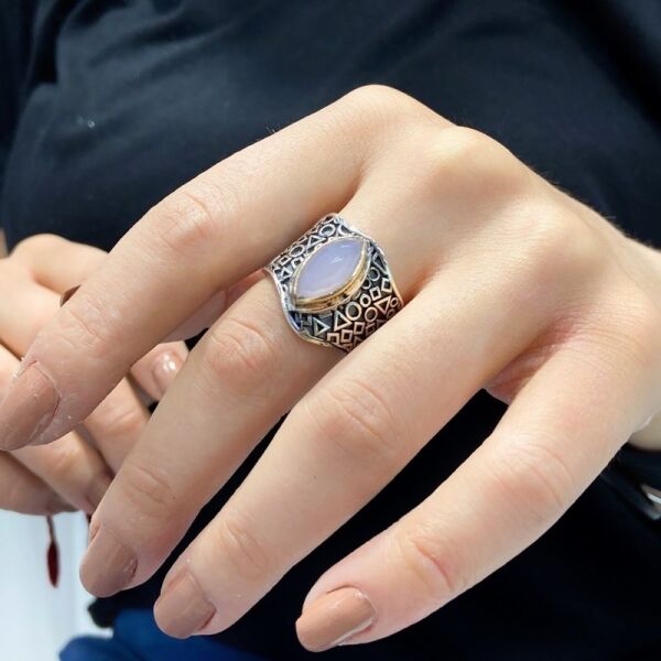 Otantik El Üretim Pembe Kuvars Taş Gümüş Yüzük