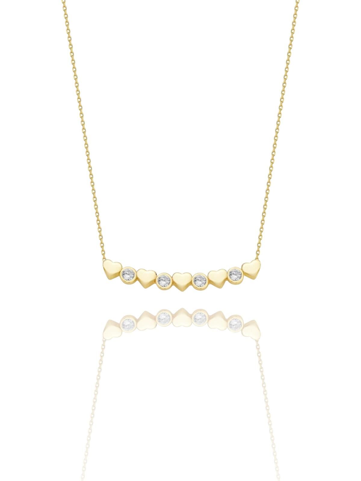 Beş Kalpli Tektaş Aile Kolyesi Özel Tasarım 14 Ayar Altın Kolye