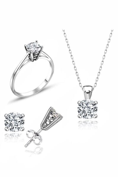 Sertifikalı Swarovski Taşlı Tektaş 925 Gümüş Set Takım