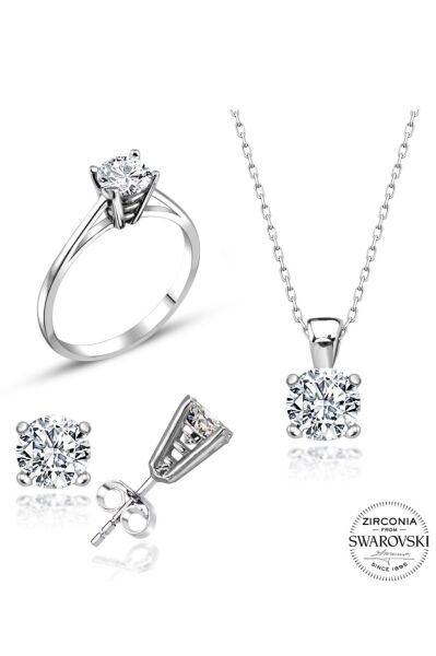 Sertifikalı Swarovski Taşlı Tektaş 925 Gümüş Set Takım