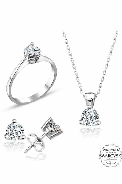 Sertifikalı Swarovski Tek Taş 925 Gümüş Set Takım