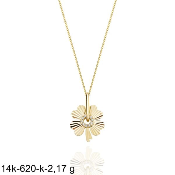 Parlak Yonca Yuvarlak Halka Taşlı Çok Şık 14 Ayar Altın Kolye