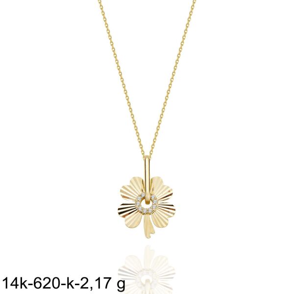 Parlak Yonca Yuvarlak Halka Taşlı Çok Şık 14 Ayar Altın Kolye