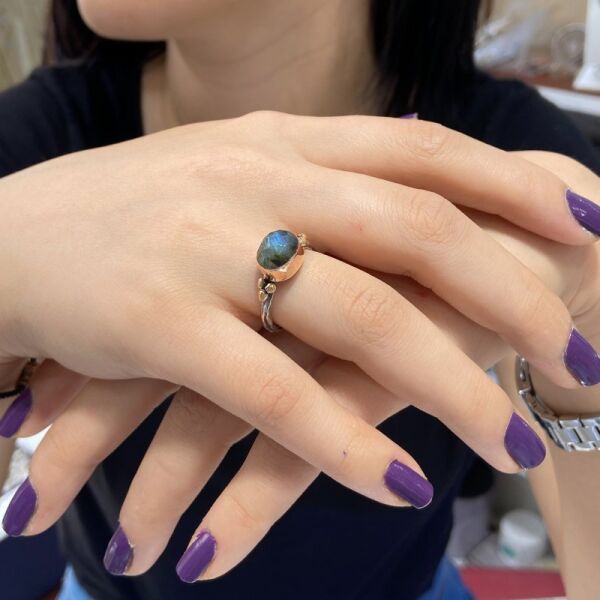 Doğal Gerçek Labradorit Taş El Üretim Otantik Gümüş Yüzük