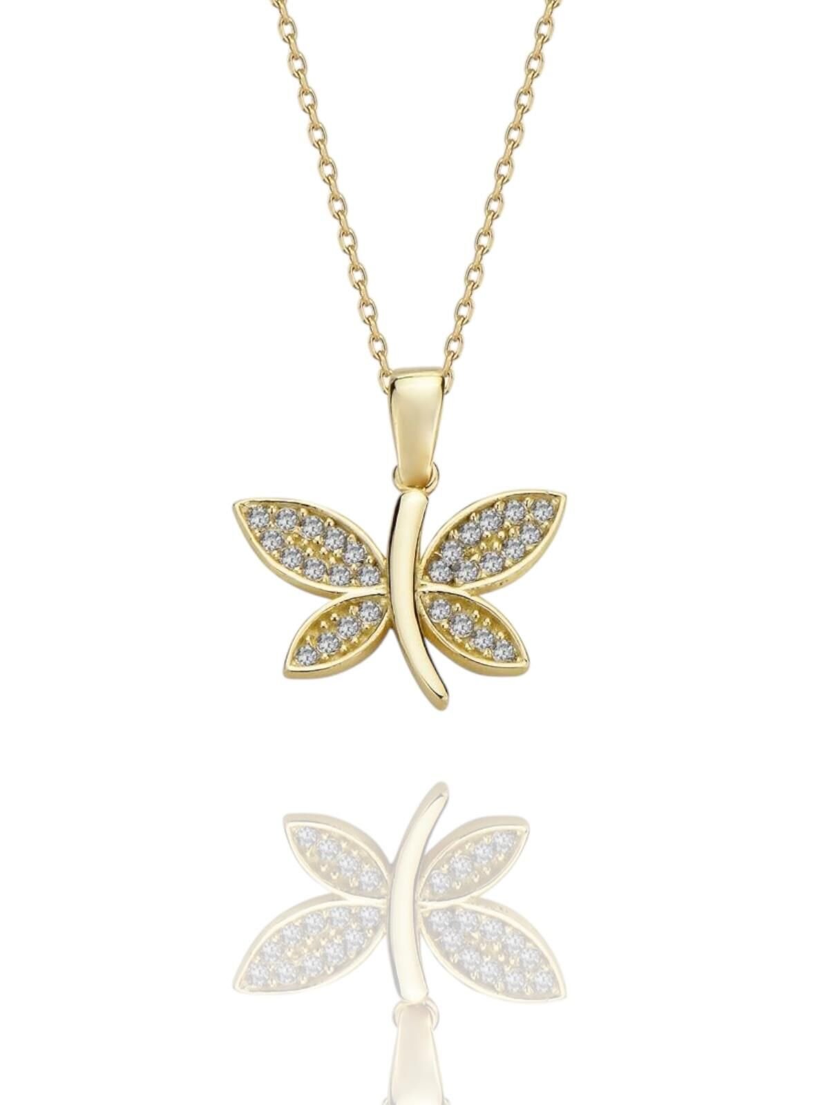 Minik Taşlı Kelebek Çok Şık 14 Ayar Altın Kolye