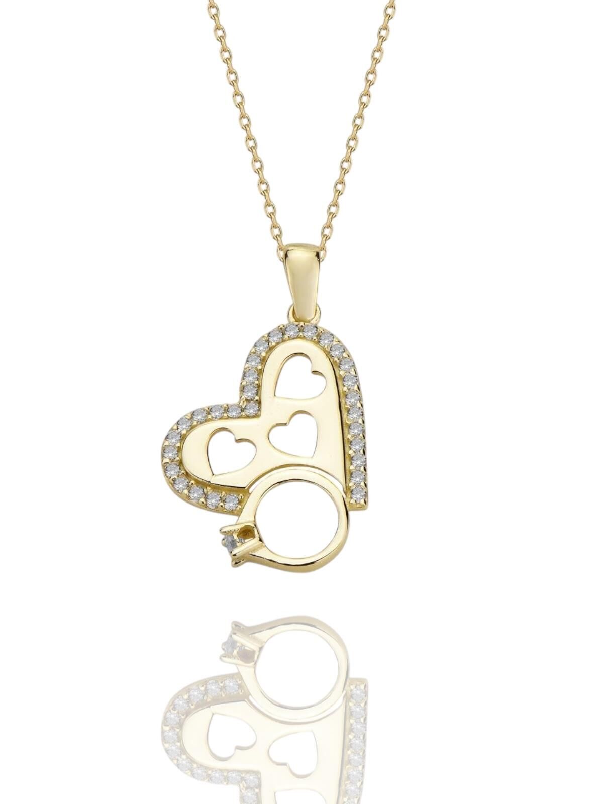 Dört Kalp Tek Taş Özel Tasarım 14 Ayar Altın Kolye