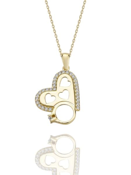 Dört Kalp Tek Taş Özel Tasarım 14 Ayar Altın Kolye