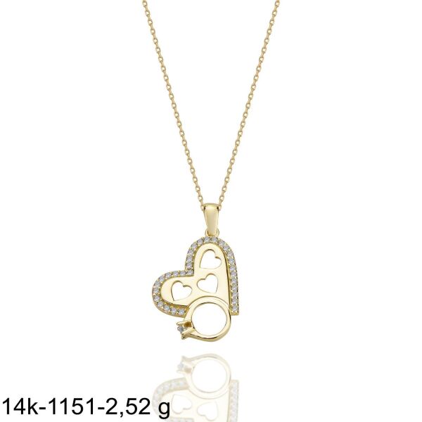 Dört Kalp Tek Taş Özel Tasarım 14 Ayar Altın Kolye