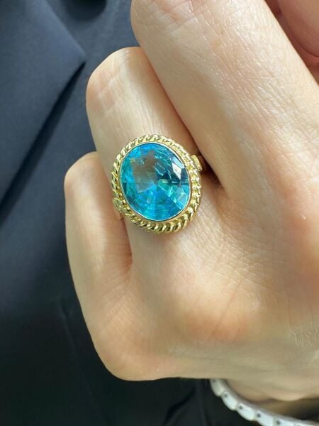 Oval Aquamarine Doğal Taş ve El İşçiliği 14 Ayar Altın Yüzük