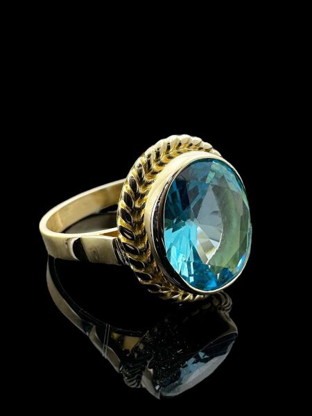 Oval Aquamarine Doğal Taş ve El İşçiliği 14 Ayar Altın Yüzük