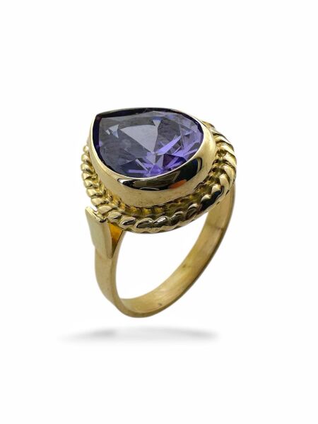 Damla Doğal Ametist Taş ve El İşçiliği 14 Ayar Altın Yüzük