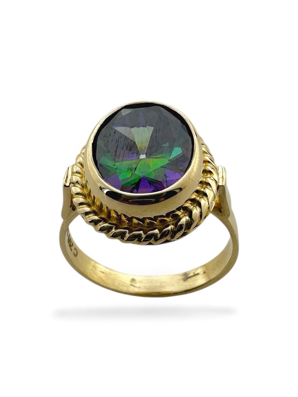 Oval Misitik Topaz Taşlı ve El İşçiliği 14 Ayar Altın Yüzük