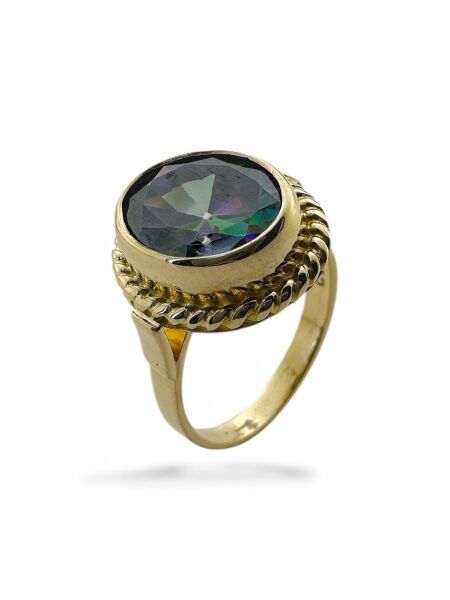 Oval Misitik Topaz Taşlı ve El İşçiliği 14 Ayar Altın Yüzük