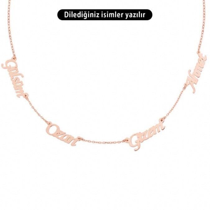4 Dört İsimli Gümüş Aile Kolyesi Rosegold