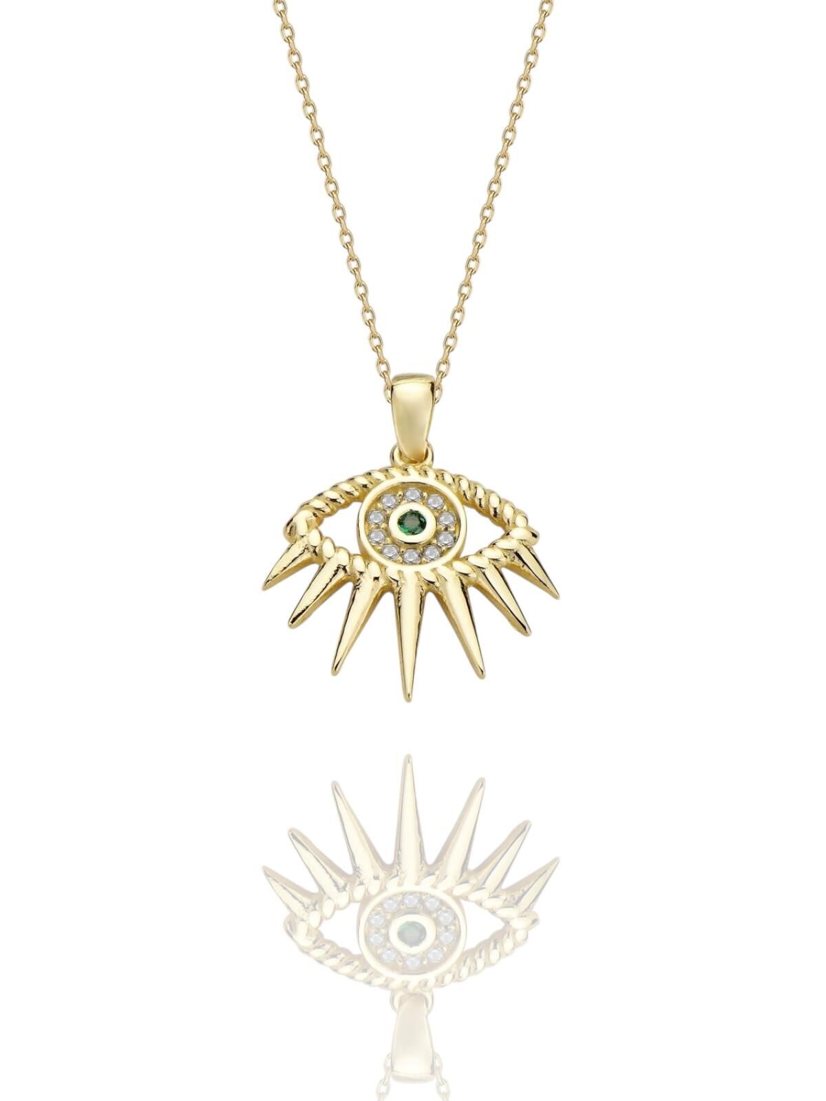 Ra Göz Yeşil Taşlı Çok Şık 14 Ayar Altın Kolye