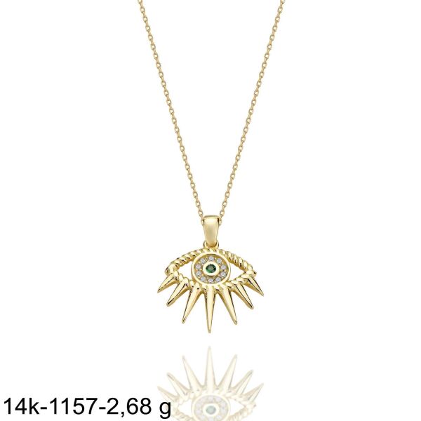 Ra Göz Yeşil Taşlı Çok Şık 14 Ayar Altın Kolye