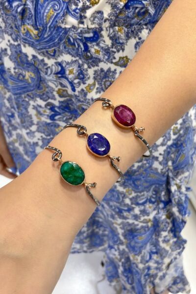 Doğal Yakut Taşlı El Üretimi 925 Gümüş Bilezik Bileklik