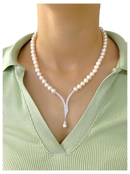 Su Yolu Çok Şık Altın İşçilik 925 Gümüş İnci Kolye Gerdanlık