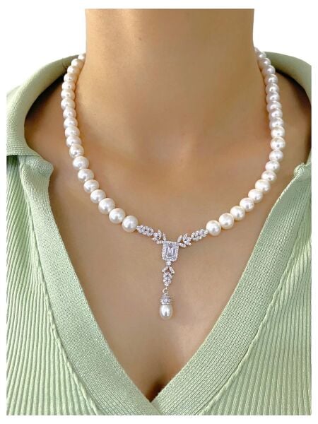 Baget Zirkon Pırlanta Model 925 Gümüş İnci Gerdanlık Kolye