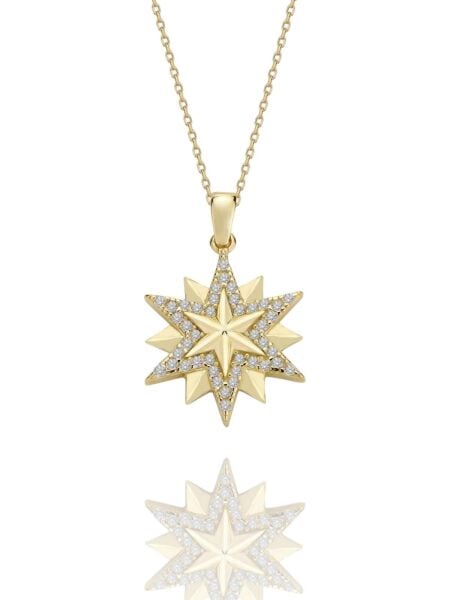 Üç Yıldız Özel Tasarım Çok Şık 14 Ayar Altın Kolye