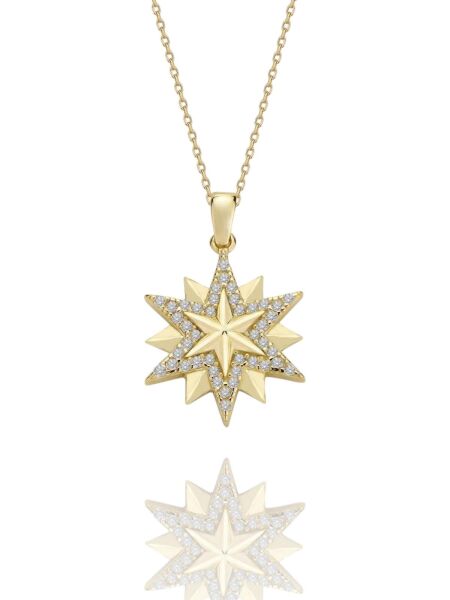 Üç Yıldız Özel Tasarım Çok Şık 14 Ayar Altın Kolye