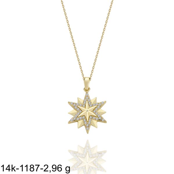 Üç Yıldız Özel Tasarım Çok Şık 14 Ayar Altın Kolye