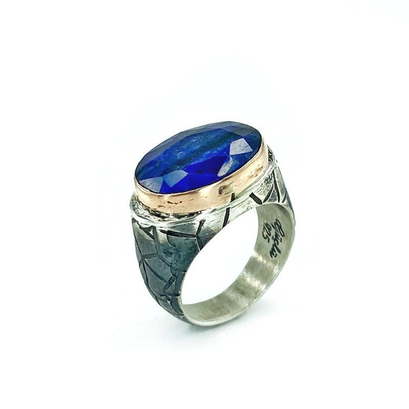 Orijinal Doğal Safir Taş El Üretimi Gümüş Erkek Yüzük