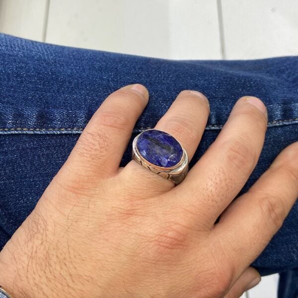 Orijinal Doğal Safir Taş El Üretimi Gümüş Erkek Yüzük