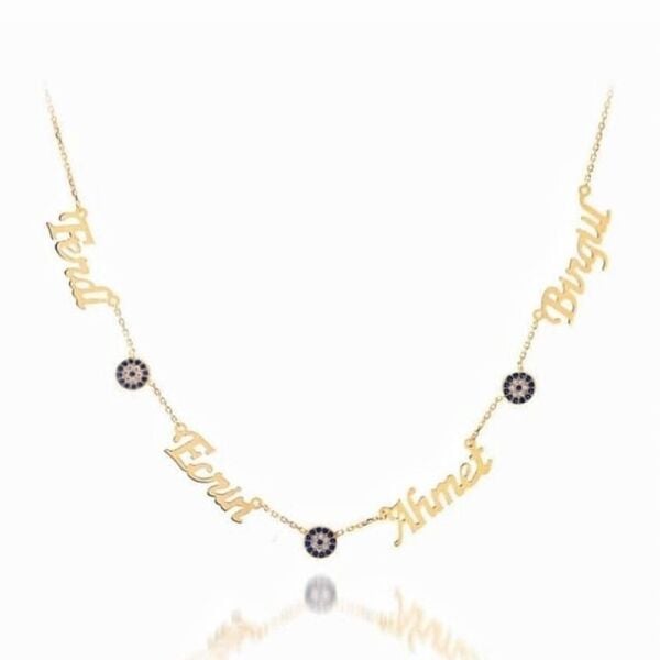 4 Dört İsim Aile Kolyesi Nazarlı Altın Kaplama Gümüş Kolye