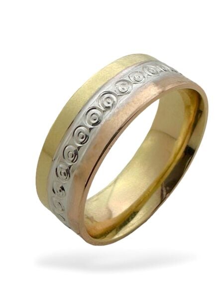 Üç Renk İçi Dolu Özel Tasarım 7 mm 14 Ayar Altın Alyans Yüzük