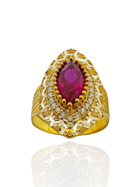 Yakut Taşlı Kalemli Maraş Usulü Mekik 8 Ayar Altın Yüzük