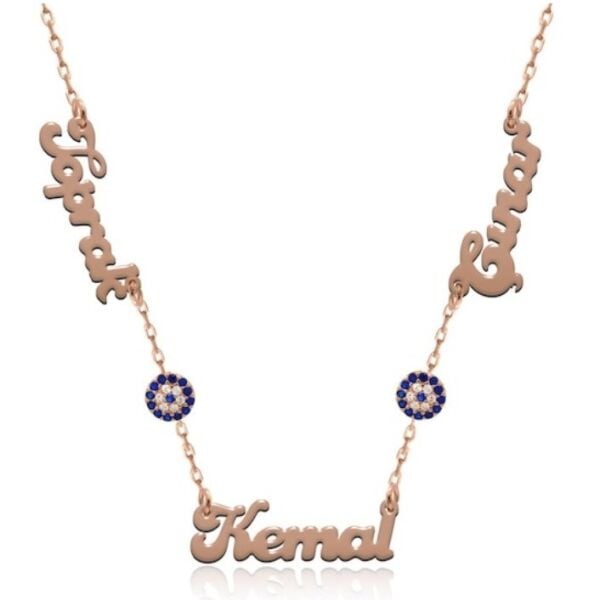 3 Üç İsimli Nazarlı Aile Kolyesi Gümüş Kolye Rosegold