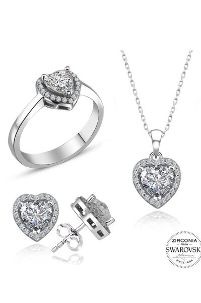 Sertifikalı Swarovski Taşlı Kalp Tektaş 925 Gümüş Set Takım